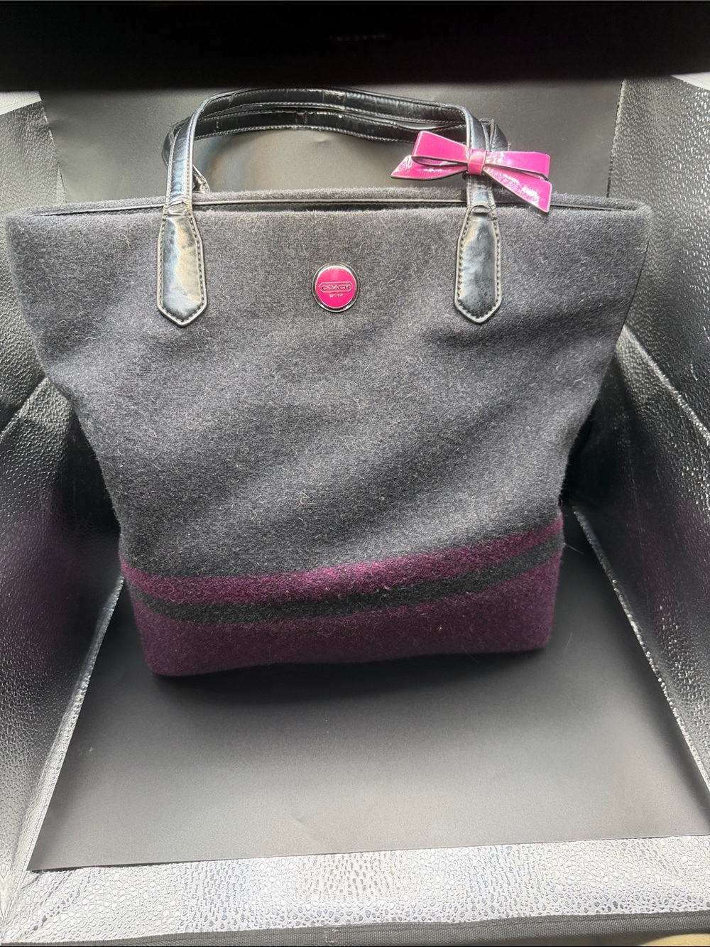 Coach Black and Plum Wool Tote with Pink Accent Scarf
